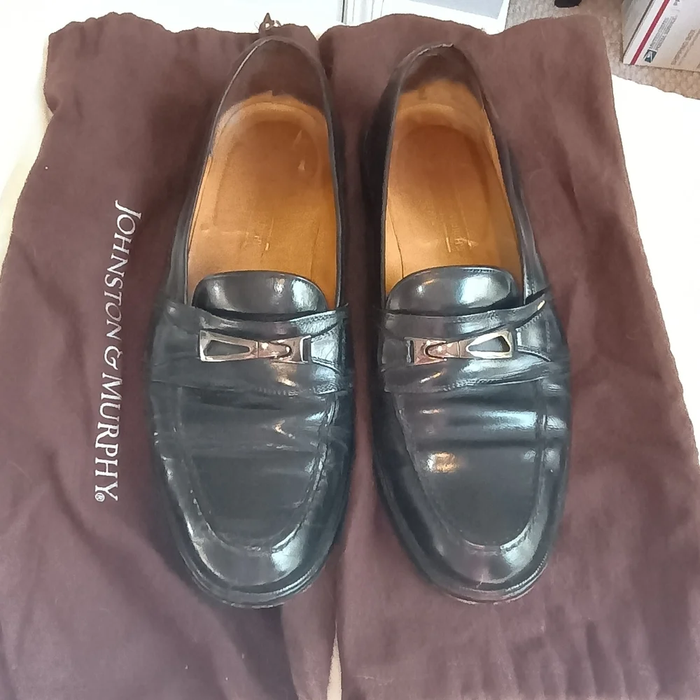 Vintage Johnston & Murphy Black Leather Bit Loafers Men's 9D Slip On w/ Dust Bag
